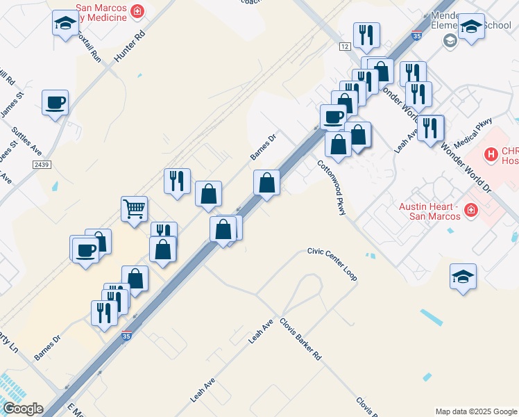 map of restaurants, bars, coffee shops, grocery stores, and more near 2525 North Interstate 35 Frontage Road in San Marcos