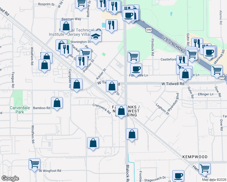 map of restaurants, bars, coffee shops, grocery stores, and more near 13815 Aston Street in Houston