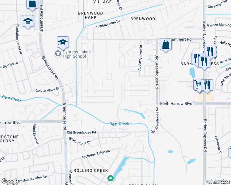 map of restaurants, bars, coffee shops, grocery stores, and more near 5406 Aranas Lane in Katy