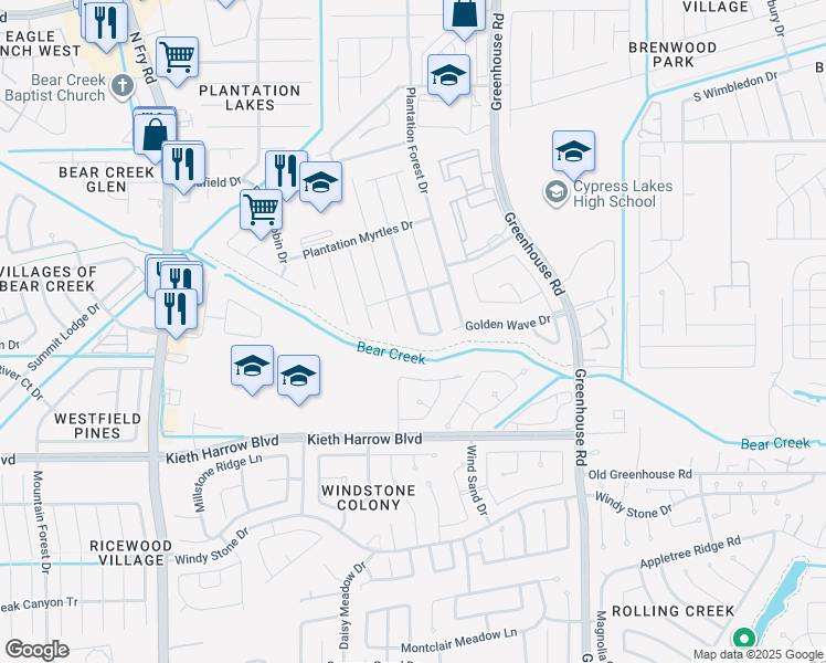 map of restaurants, bars, coffee shops, grocery stores, and more near 5407 Amelia Plantation Drive in Katy