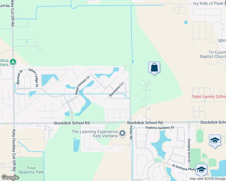 map of restaurants, bars, coffee shops, grocery stores, and more near 5227 Baroness Lane in Katy