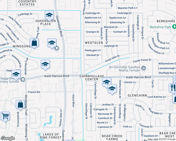 map of restaurants, bars, coffee shops, grocery stores, and more near 17089 Great Glen Drive in Houston