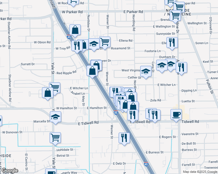 map of restaurants, bars, coffee shops, grocery stores, and more near West Interstate 45 Service Road in Houston
