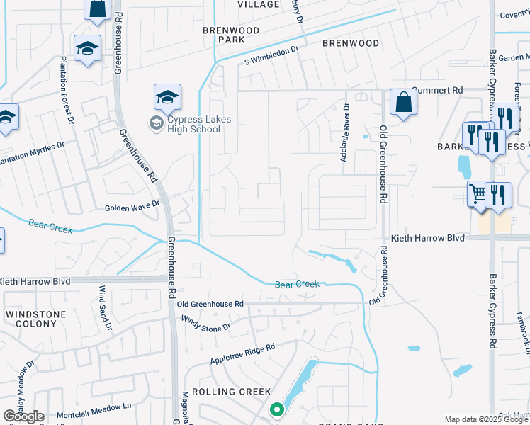 map of restaurants, bars, coffee shops, grocery stores, and more near 18835 Venito Drive in Katy