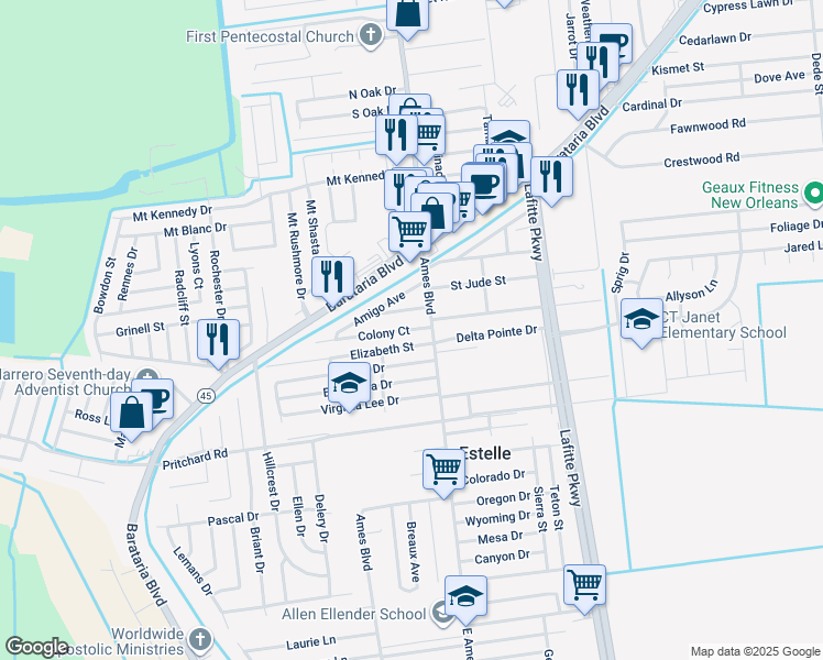 map of restaurants, bars, coffee shops, grocery stores, and more near 2712 Colony Court in Marrero