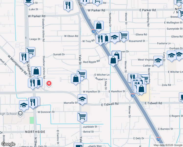 map of restaurants, bars, coffee shops, grocery stores, and more near 105 East Witcher Lane in Houston