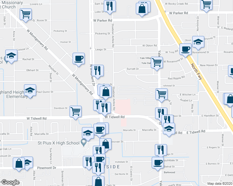 map of restaurants, bars, coffee shops, grocery stores, and more near 5754 Stuebner Airline Road in Houston