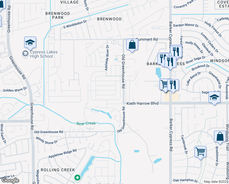 map of restaurants, bars, coffee shops, grocery stores, and more near 18503 Medway River Trail in Katy