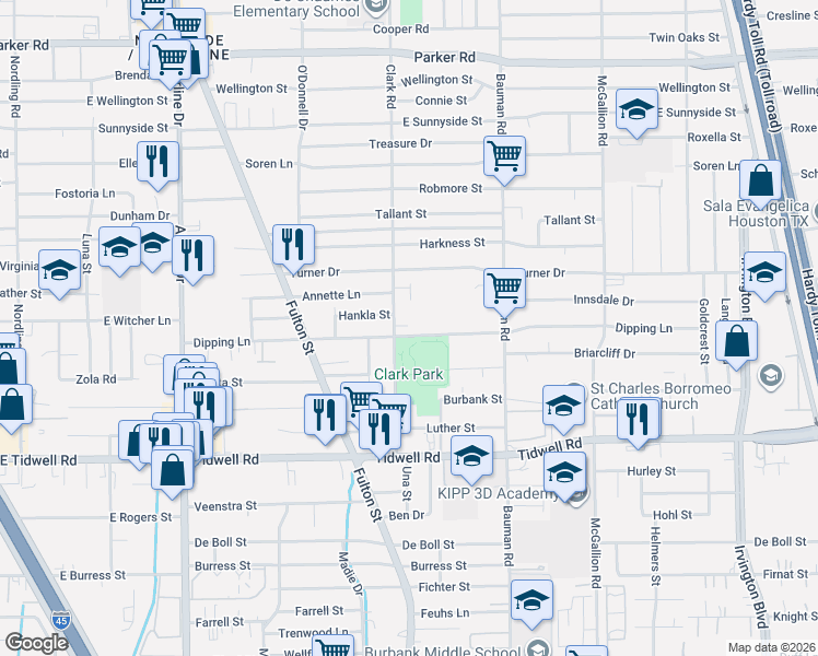 map of restaurants, bars, coffee shops, grocery stores, and more near 9902 Clark Road in Houston