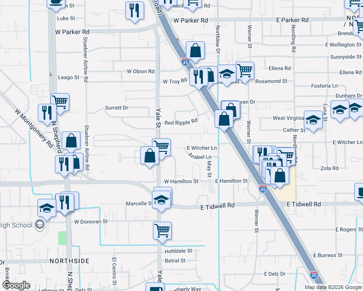 map of restaurants, bars, coffee shops, grocery stores, and more near 105 East Witcher Lane in Houston
