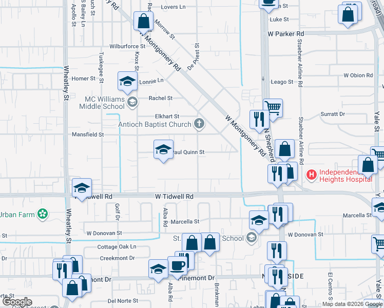 map of restaurants, bars, coffee shops, grocery stores, and more near 5805 Beall Street in Houston