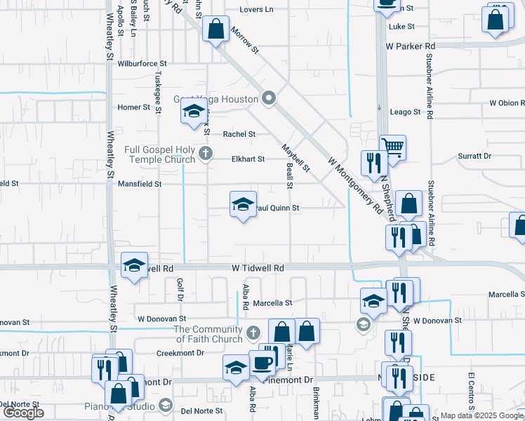 map of restaurants, bars, coffee shops, grocery stores, and more near 827 Paul Quinn Street in Houston
