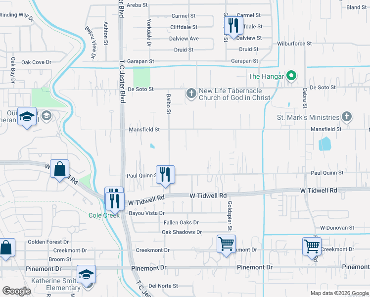 map of restaurants, bars, coffee shops, grocery stores, and more near 2815 Paul Quinn Street in Houston