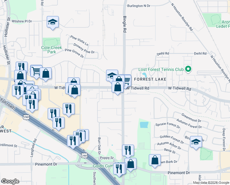 map of restaurants, bars, coffee shops, grocery stores, and more near 6827 West Tidwell Road in Houston