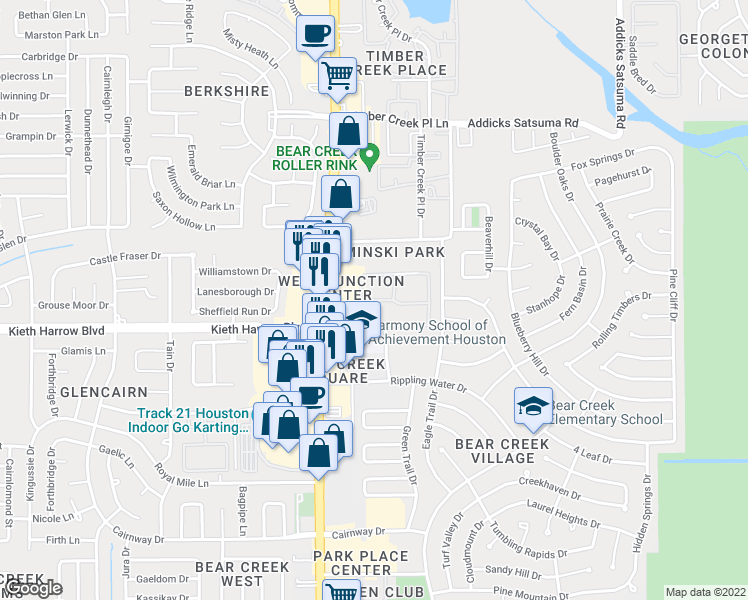 map of restaurants, bars, coffee shops, grocery stores, and more near 16160 Kieth Harrow Boulevard in Houston
