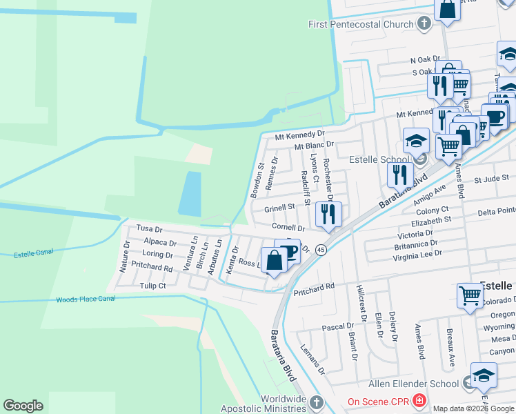 map of restaurants, bars, coffee shops, grocery stores, and more near 3084 Grinell Street in Marrero