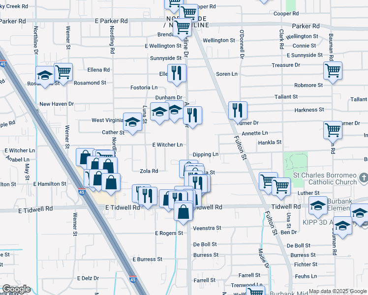 map of restaurants, bars, coffee shops, grocery stores, and more near 5723 Airline Drive in Houston