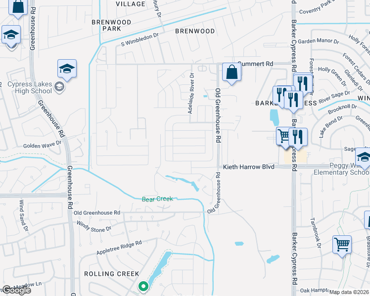 map of restaurants, bars, coffee shops, grocery stores, and more near 18603 Medway River Trail in Katy
