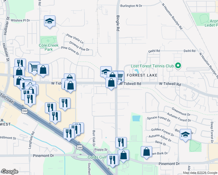 map of restaurants, bars, coffee shops, grocery stores, and more near 6827 West Tidwell Road in Houston