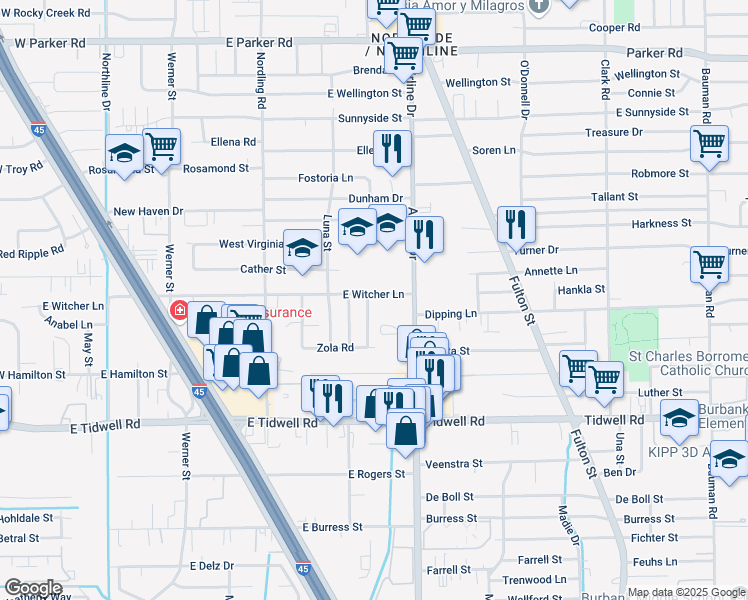 map of restaurants, bars, coffee shops, grocery stores, and more near 902 East Witcher Lane in Houston