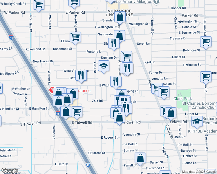 map of restaurants, bars, coffee shops, grocery stores, and more near 902 East Witcher Lane in Houston