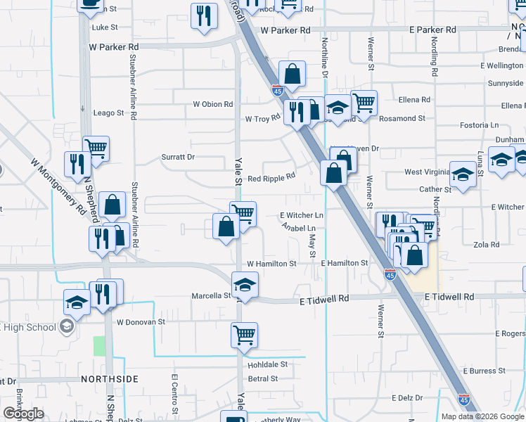 map of restaurants, bars, coffee shops, grocery stores, and more near 105 East Witcher Lane in Houston