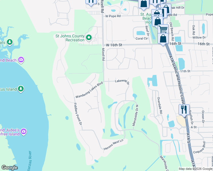 map of restaurants, bars, coffee shops, grocery stores, and more near 907 Birdie Way in St. Augustine