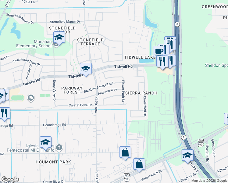 map of restaurants, bars, coffee shops, grocery stores, and more near 13114 Abalone Way in Houston