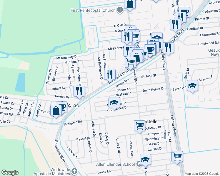 map of restaurants, bars, coffee shops, grocery stores, and more near 2840 Amigo Avenue in Marrero