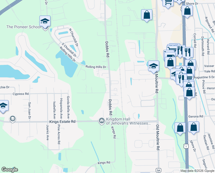 map of restaurants, bars, coffee shops, grocery stores, and more near 2555 Dobbs Road in St. Augustine