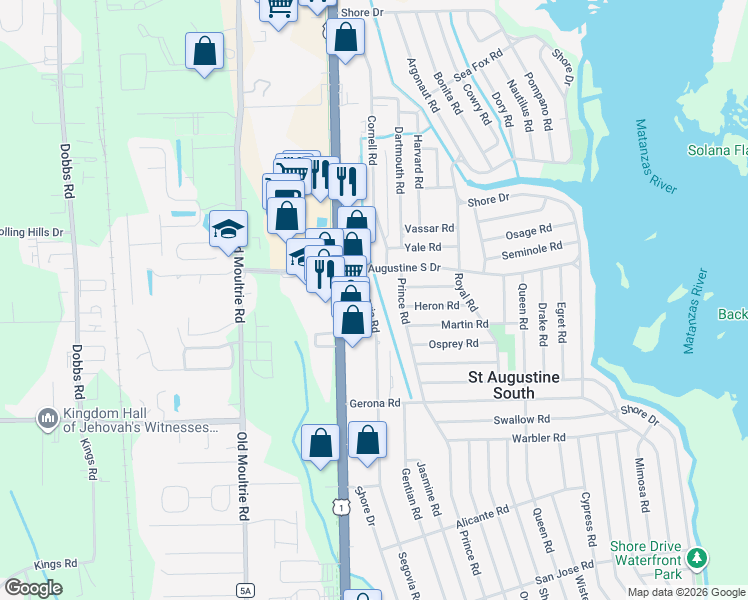 map of restaurants, bars, coffee shops, grocery stores, and more near 119 Segovia Road in St. Augustine