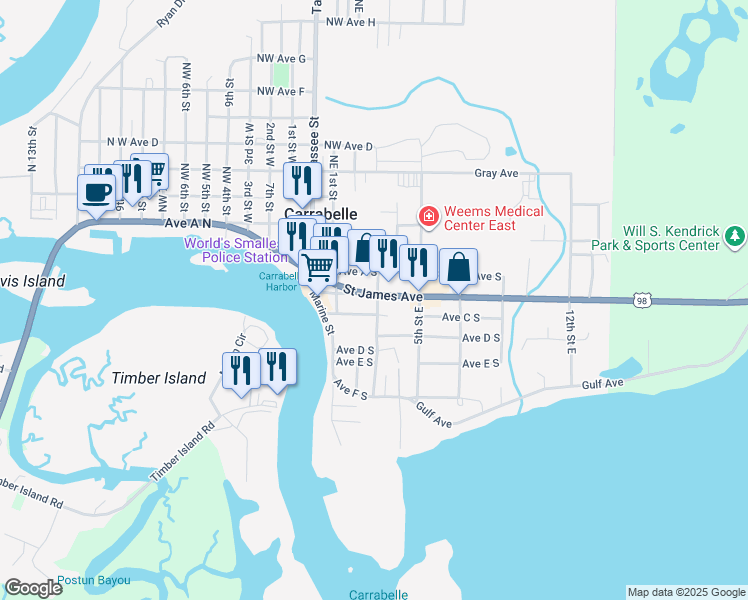 map of restaurants, bars, coffee shops, grocery stores, and more near 30 Avenue B South in Carrabelle