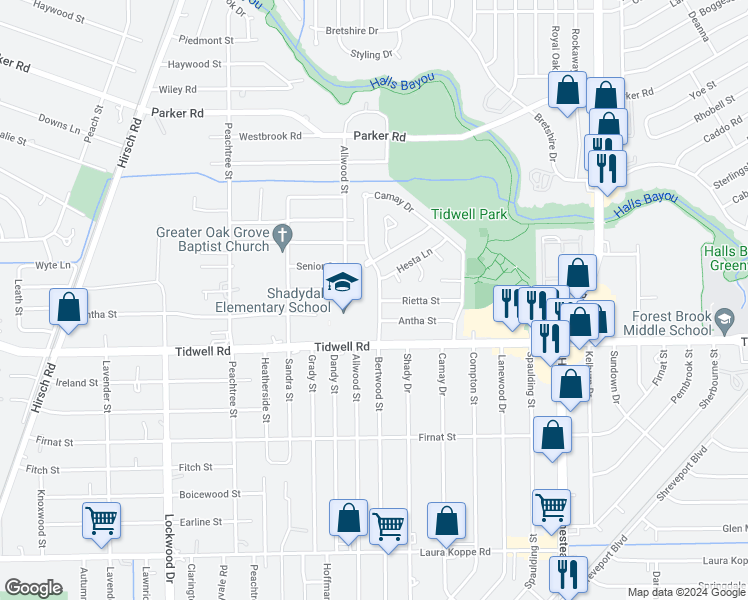 map of restaurants, bars, coffee shops, grocery stores, and more near 9619 Bertwood Street in Houston
