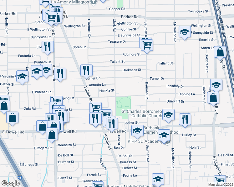 map of restaurants, bars, coffee shops, grocery stores, and more near 9902 Clark Road in Houston