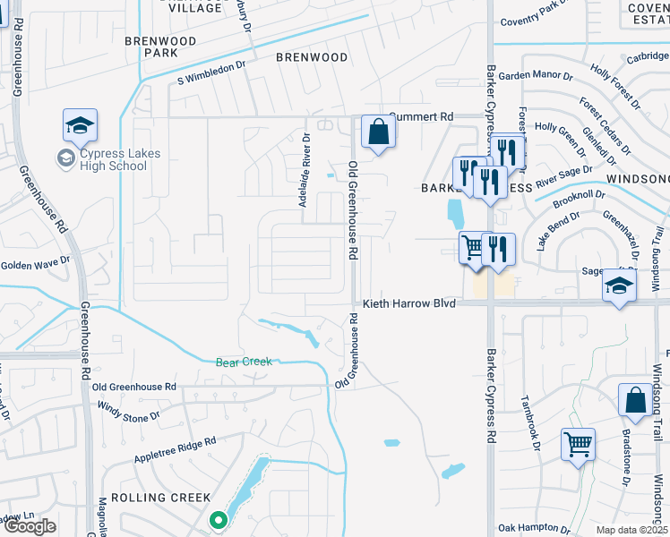 map of restaurants, bars, coffee shops, grocery stores, and more near 18503 Medway River Trail in Katy