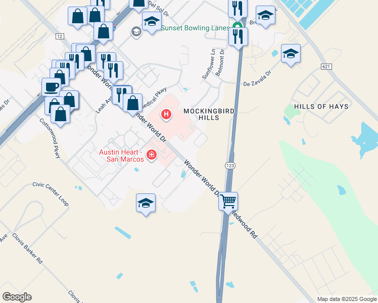 map of restaurants, bars, coffee shops, grocery stores, and more near 1401 Wonder World Drive in San Marcos