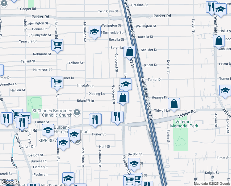 map of restaurants, bars, coffee shops, grocery stores, and more near 9730 Goldcrest Street in Houston