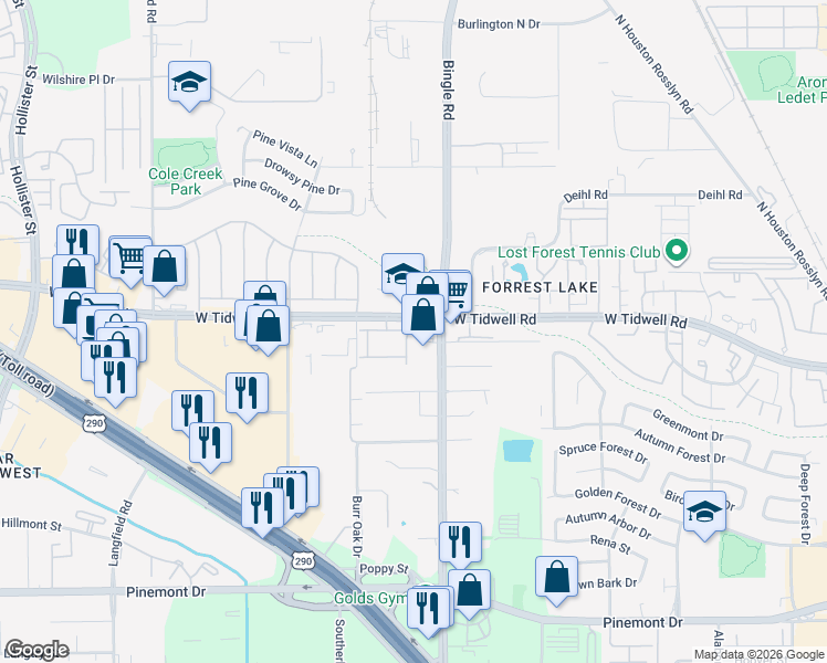 map of restaurants, bars, coffee shops, grocery stores, and more near 6827 West Tidwell Road in Houston