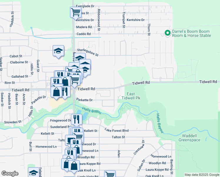 map of restaurants, bars, coffee shops, grocery stores, and more near 9198 Tidwell Road in Houston