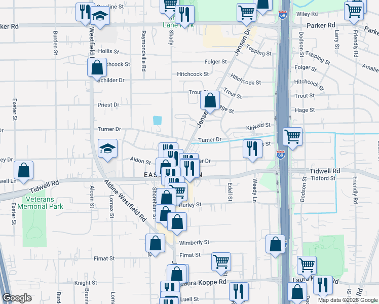 map of restaurants, bars, coffee shops, grocery stores, and more near 9602 Jensen Drive in Houston