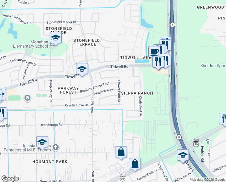 map of restaurants, bars, coffee shops, grocery stores, and more near 13114 Abalone Way in Houston