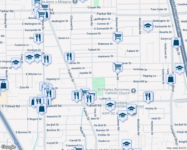 map of restaurants, bars, coffee shops, grocery stores, and more near 9902 Clark Road in Houston