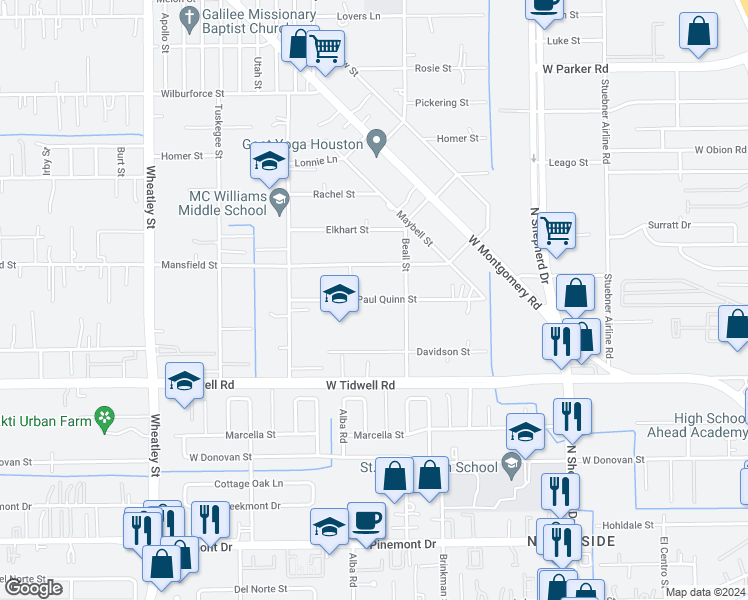 map of restaurants, bars, coffee shops, grocery stores, and more near 827 Paul Quinn Street in Houston