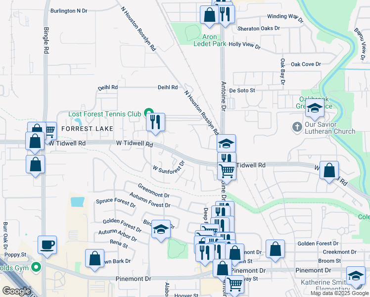 map of restaurants, bars, coffee shops, grocery stores, and more near 5800 West Sunforest Drive in Houston