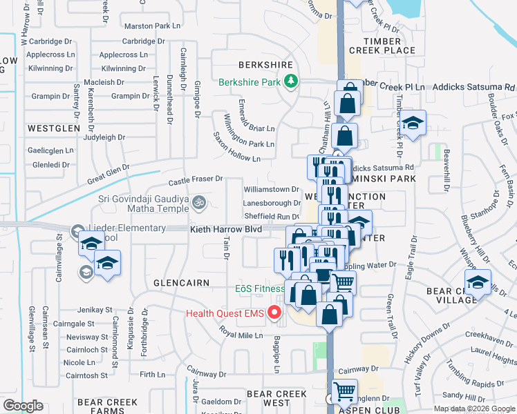 map of restaurants, bars, coffee shops, grocery stores, and more near 16539 Lanesborough Drive in Houston
