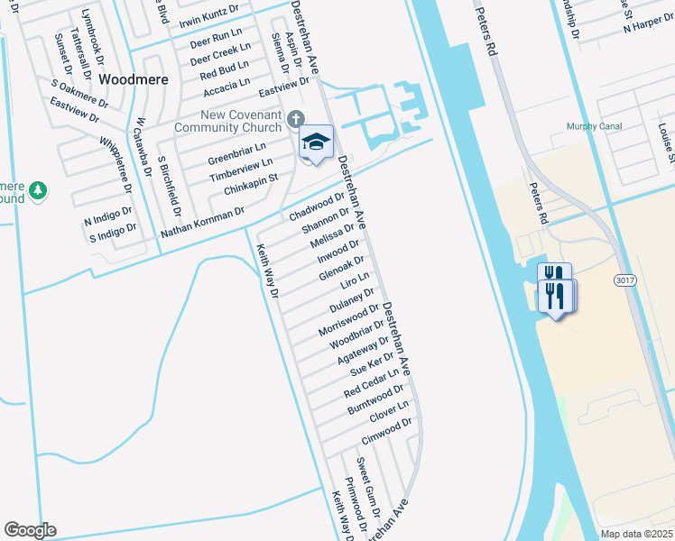 map of restaurants, bars, coffee shops, grocery stores, and more near 3733 Glenoak Drive in Harvey