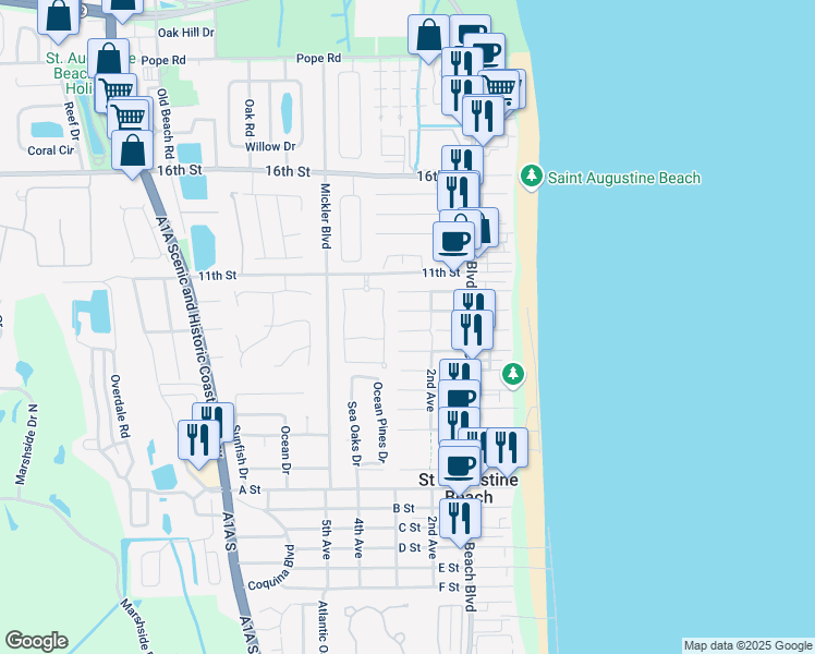 map of restaurants, bars, coffee shops, grocery stores, and more near 212 8th Street in St. Augustine Beach