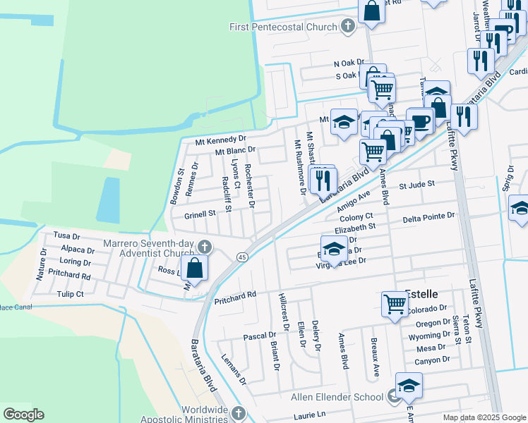 map of restaurants, bars, coffee shops, grocery stores, and more near 2980 Vassar Street in Marrero