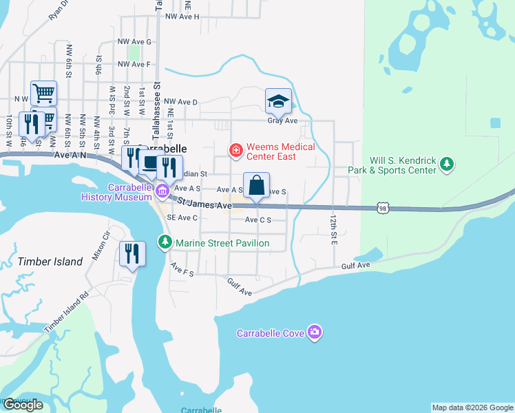 map of restaurants, bars, coffee shops, grocery stores, and more near St James Ave in Carrabelle