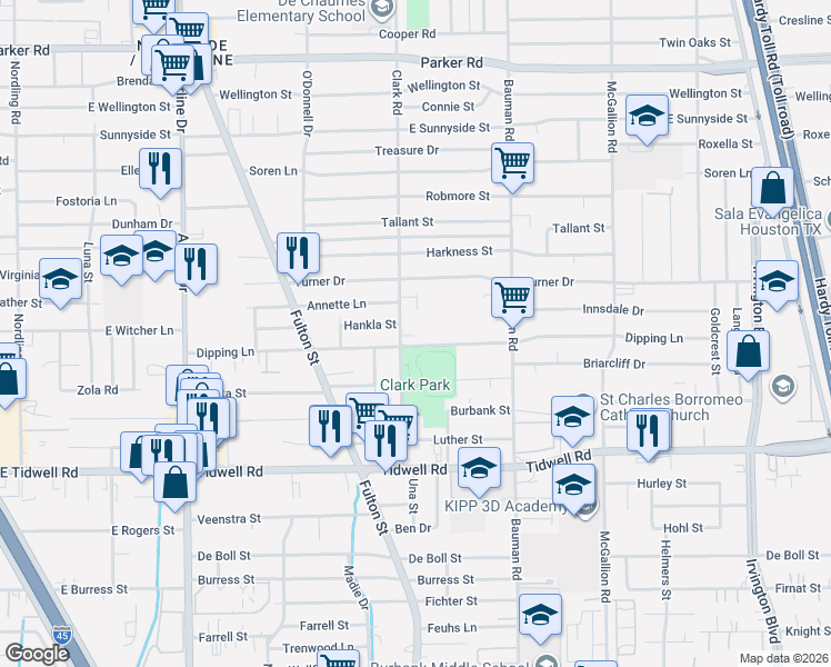map of restaurants, bars, coffee shops, grocery stores, and more near 9902 Clark Road in Houston